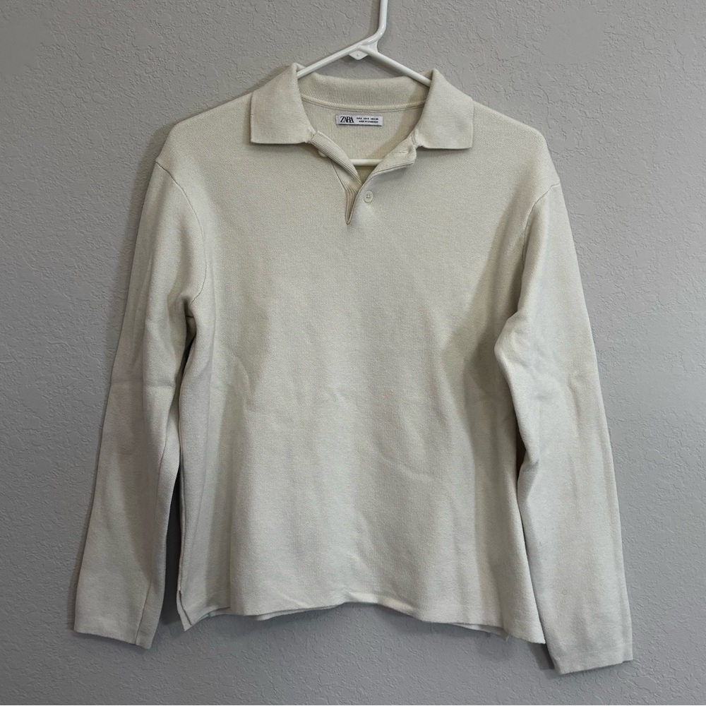 Zara Men's Cream Long Sleeve Polo Shirt